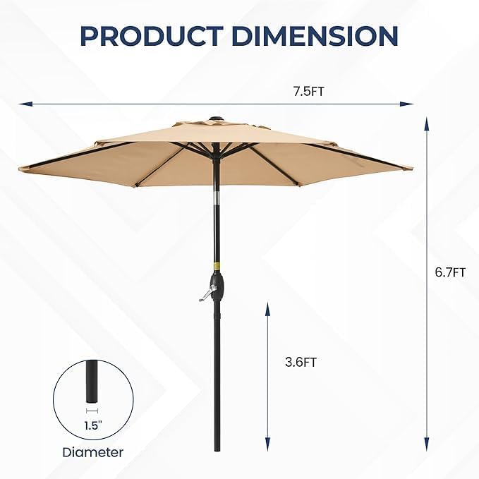 Wisteria Lane Outdoor Patio Umbrella, 7.5' Patio Umbrella, Market Umbrella, Large Outdoor Umbrella, Metal Pole Umbrella with Push Button Tilt and Crank, Polyester Canopy