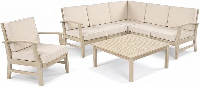 Christopher Knight Home Alex Acacia Wood Outdoor Patio Furniture Set for 6, Patio Sofa Set with Cushions, Patio Conversation Set with Sectional Sofa+Club Chairs and Coffee Table, Light White+Sand