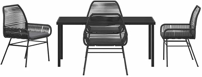 Afuera Living 5 Piece Poly Rattan Patio Dining Set, Black Finish, Tempered Glass Table, Cushioned Seats, Powder-Coated Steel Frame, UV-Resistant, Modern Outdoor Furniture for Garden or Patio