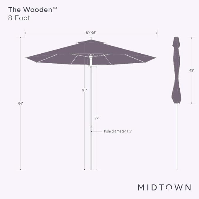 Midtown Umbrellas The Wooden 8 Feet Patio Umbrella With Sunbrella Dark Blue Acrylic Fabric - Aluminum Frame Market Umbrella For Backyard, Deck, Garden, Pool - Wooden Pole