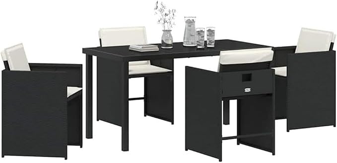 Afuera Living 5 Piece Patio Dining Set, Black Poly Rattan with Cushions, Powder-Coated Steel Frame, Tempered Glass Tabletop, UV Resistant, Weatherproof Outdoor Furniture for Garden or Patio