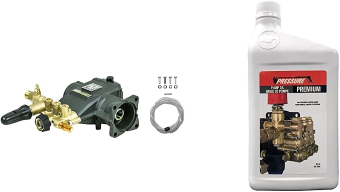 AAA 90037 Horizontal Triplex Plunger Replacement Pressure Washer Pump Kit, 3700 PSI, 2.5 GPM, 3/4" Shaft, Includes Hardware and Siphon Tube, for Industrial Gas Powered Machines, Black and Valley Industries Pressure Washer Premium Pump Oil - 1 Liter, Bl...
