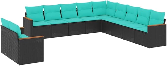 11 Piece Patio Sofa Set with Cushions, Outdoor Dining Sets Porch Furniture Set Patio Conversation Set Garden Lounge Set for Garden Poolside Piazza Exhibition Black Poly Rattan