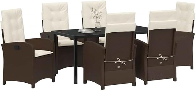 Afuera Living 7 Piece Poly Rattan Patio Dining Set with Cushions, Brown Finish, Weather-Resistant Steel Frame, Glass Table Top, Adjustable Backrest, Ergonomic Seating for Outdoor Garden or Backyard