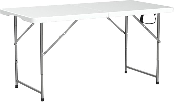 Dkeli Folding Table 4 ft | Portable Plastic Picnic Table | Adjustable Height Heavy Duty Dining Folding Table for Indoor Outdoor Camping, Party | Fold in Half with Handle and Steel Legs - White