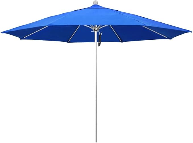 California Umbrella 11' Rd. Venture Series Contract Grade Patio Umbrella, Pulley Open, Silver Finish, Sunbrella Pacific Blue