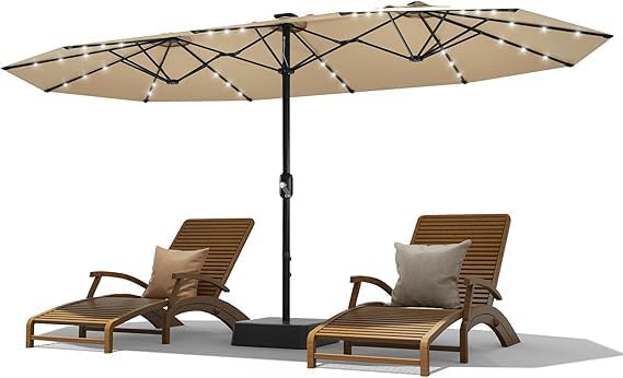 15FT Rectangular Patio Umbrella With Solar Lights & Base Included - Large Patio Umbrella With Crank Handle, UV Protection for Outdoor Market, Lawn, Backyard, Pool