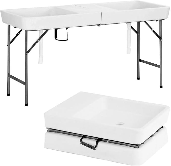 5 Foot Folding Ice Cooler Table with Drain and Dual Basins — Portable Fill and Chill Beverage Table for Parties, BBQ, Camping & Outdoor Events, 440 lb Capacity Ice Bin, No Assembly Required