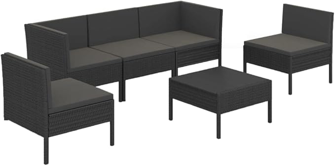 6 Piece Patio Lounge Set with Cushions,Patio Sofa,Outdoor Daybed,Outdoor Furniture Sets,Patio Seating,Patio Conversation Sets,Modern Set,Patio Furniture Set,Front Porch Furniture, Poly Rattan Black
