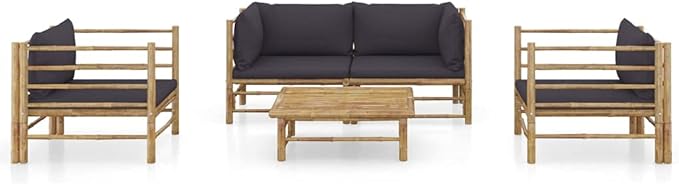 Patio Furniture Sets,Outdoor loveseat,Patio Conversation Sets,5 Piece Patio Lounge Set with Dark Gray Cushions BambooSuitable for Patio, Garden, Gazebo Low