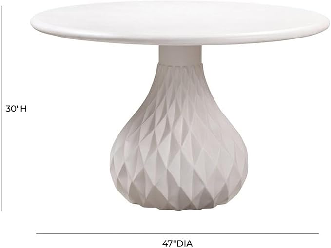 Pemberly Row 30" H Transitional Concrete Stone Dining Table, Ivory Finish, Round 47" Diameter, Durable Handmade Design, Diamond-Pattern Pedestal Base, Indoor or Outdoor Patio Dining Table