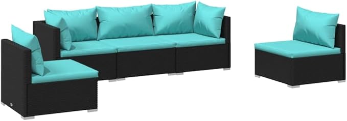 5 Piece Patio Lounge Set with Cushion, Patio Lounge Set Outdoor Patio Sectional Piece Patio Set Furniture Conversation Sets s Poly Rattan Black