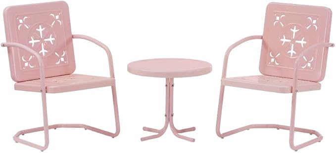 Crosley Furniture Azalea 3-Piece Vintage Outdoor Chair and Side Table Set, Retro Metal Patio Conversation Sets, Pastel Pink Gloss