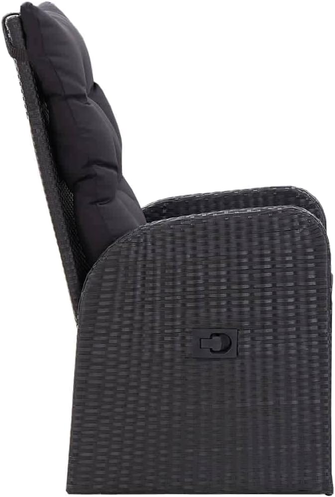 7 Piece Patio Dining Set with Cushions, Black PE Rattan Outdoor Dining Table and 6 Reclining Chairs, Glass Top Wicker Furniture Set for Garden Yard Backyard