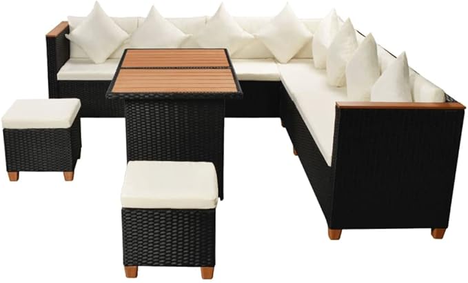 vidaXL Patio Furniture Set 7 Piece, Patio Conversation Set with Cushions, Outdoor Sectional Sofa with Coffee Table for Garden, Poly Rattan Black