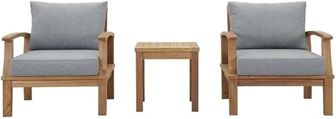 Pemberly Row Modern Teak Wood 3-Piece Patio Conversation Set, Natural/Gray Finish, Includes Table and 2 Chairs, Water & UV Resistant Cushions, Machine Washable Covers, Durable Outdoor Furniture