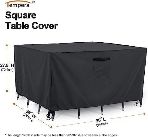 Tempera Patio Furniture Cover, Outdoor Table Covers Waterproof Square, Heavy Duty Deck Furniture Covers for Winter, 96''W x 96''L x 27.8''H, Grey