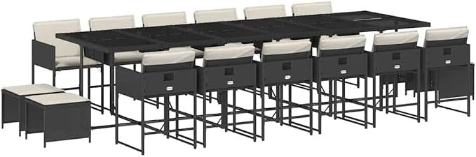 17-Piece Outdoor Dining Set, PE Rattan Patio Furniture with Tempered Glass Table, 12 Chairs and 4 Stools, Black and Cream White
