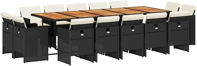14-Piece Poly Rattan Patio Dining Set with Cushions, Black/Cream | Features a spacious dining table and cushioned seating, designed for hosting large family gatherings in your backyard.