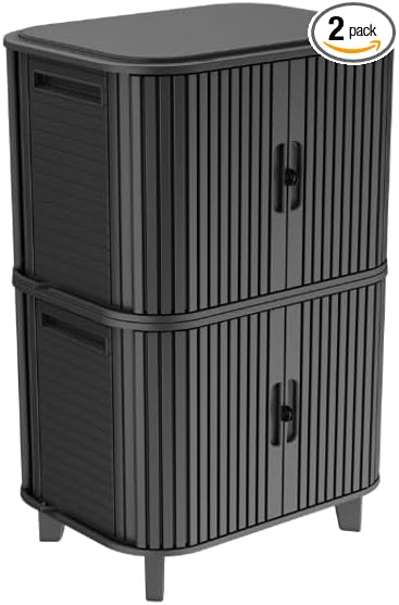 Keter Velo 30 Gallon Outdoor Storage Cabinet (2 Pack), Weather‑Resistant Resin Deck Boxes with Steel Reinforcement, Lockable, Wood‑Look Graphite