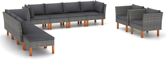10 Piece Patio Lounge Set,Patio Sofa,Outdoor Daybed,Outdoor Couch,Patio Seating,Patio Conversation Sets,Outdoor Furniture Sets,for Backyard,Garden,Deck, Poly Rattan and Eucalyptus Wood Gray