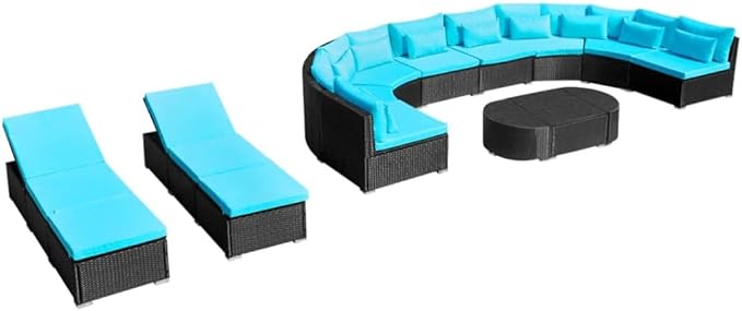 13 Piece Patio Lounge Set with Cushions,Garden Outdoor Seating Patio Sofa Set Conversation Patio Furniture Suitable for Garden Balcony Backyard Porch Lawn Poly Rattan Blue