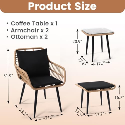 5-Piece Wicker Patio Furniture Set - 2 Chairs, 2 Ottomans & Side Table - Stylish Outdoor Conversation Set for Porch, Balcony, Deck & Backyard - Natural Finish