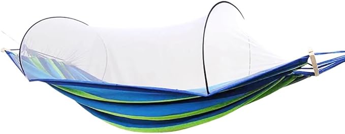 Outdoor Double Hammock with Protective Mesh, Camping Thick Canvas Hanging Bed, Storage Bag/tie Rope, Load Bearing 300kg/661.4lbs(Blue Stripes)