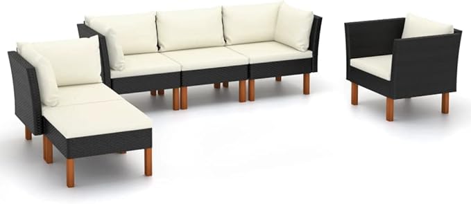 Patio Lounge Set,Patio Furniture Sets,Patio Conversation Sets,Outdoor Furniture Sets,for Garden,Backyard,Outdoor,6 Piece Poly Rattan and Eucalyptus Wood Black