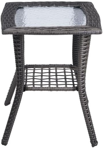 Outdoor Wicker Side Table, Rattan End with Glass Top, Patio Coffee Bistro for Indoor Garden Porch Balcony (Grey)