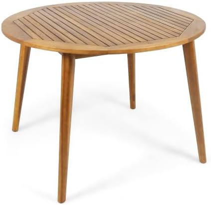 VilroCaz Modern 5-Piece Outdoor Dining Set, Acacia Wood Round Table & 4 Wicker Armchairs with Cushions, Teak Finish, 400 lbs Chair Capacity, for Patio Garden Deck Poolside (Beige-5.19T)