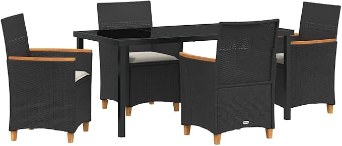 5 Piece Garden Dining Set, Outdoor Patio Furniture with 4 Chairs and Table, Modern Poly Rattan Seating with Cushions and Glass Top, Black