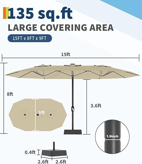 TrailBlaze 15ft Large Patio Umbrella with Base, Outdoor Rectangle Umbrella Double-Sided Market Umbrella with Crank Handle UV Protection Table Umbrellas for Backyard, Deck, Poolside and Garden