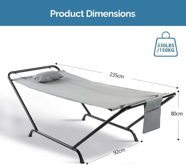 Freestanding Hammock with Stand, 600LBS Heavy Duty Outdoor Hammock Bed with Soft Pillow & Storage Bag, Grey