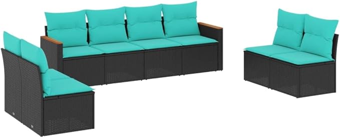 8 Piece Patio Sofa Set with Cushions, Outdoor Sofa Sets Outdoor Dining Sets Porch Furniture Set Patio Conversation Set for Exhibition Poolside Garden Negotiation Area Black Poly Rattan
