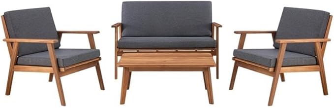 Linon Cooper Wood 4 Seater Removable Cushion Outdoor Patio Conversation Chat Sofa Set in Gray with Coffee Table