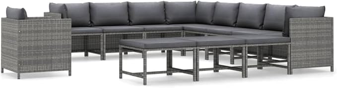 12 Piece Patio Sectional Wicker Outdoor Furniture Set Modular Rattan Conversation Sofa with Gray Cushions 23.6 inch Cube Seats for Backyard Balcony Garden