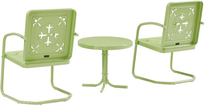 Crosley Furniture Azalea 3-Piece Vintage Outdoor Chair and Side Table Set, Retro Metal Patio Conversation Sets, Key Lime Gloss