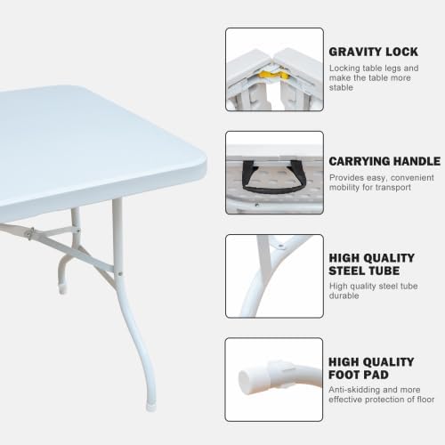 IDEALHOUSE 6 Ft Plastic Folding Table, Portable Fold-in-Half Table with Iron Legs, Carrying Handle, Outdoor Rectangular Fold Out Table for Dining, Picnic, Party, Camping, Barbecues, White