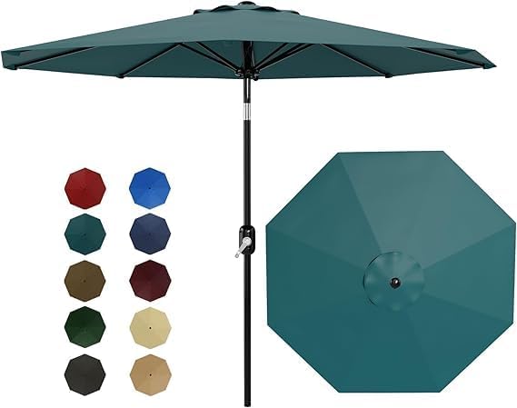 IDEALHOUSE 9Ft Outdoor Patio Umbrella, 8 Sturdy Ribs Table Umbrella With Crank Lift & Push Button Tilt, Market Umbrella UV Protection Waterproof for Garden, Deck, Backyard, Pool