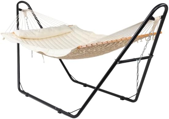 Double Hammock with Steel Stand, Quilted Pad and Pillow Included | Adjustable Steel Chain, Removable Quilted Pad, Wooden Spreader Bar, Indoor & Outdoor Use, 2-Person Capacity