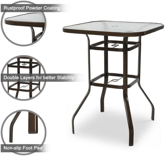 Outdoor Bar Table with Umbrella Hole, End Table with Glass Top, Patio Coffee Bistro Table for Indoor Garden Porch Balcony (Brown, Square 31x31x40in)