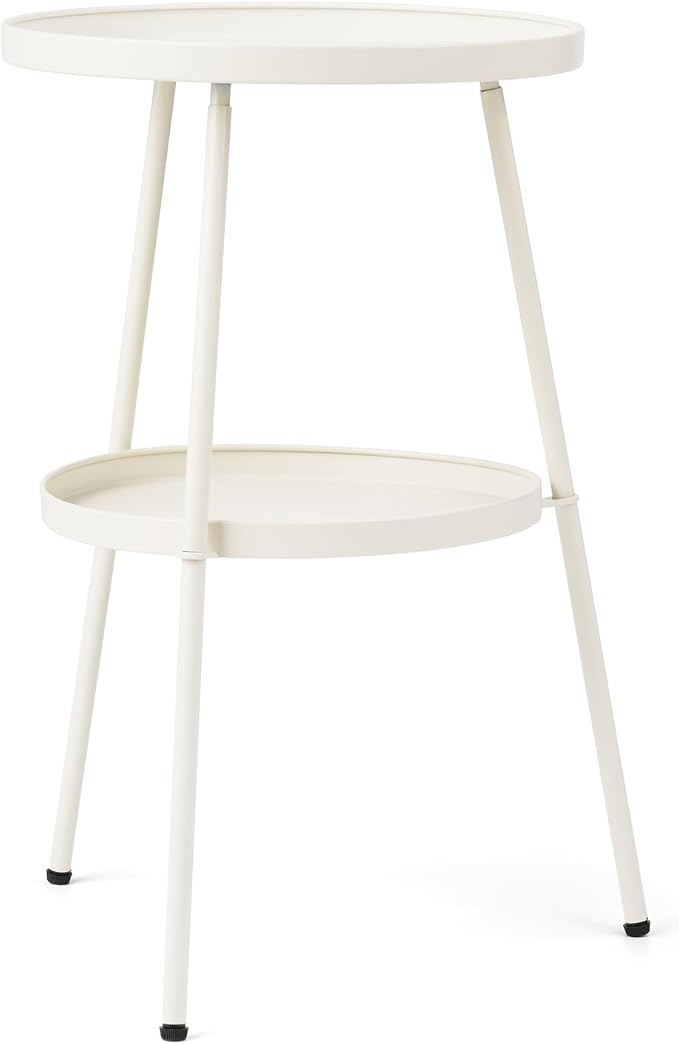 Outdoor Side Table 2 Tier End Table Metal Round Coffee Tables Nightstand for Small Spaces Indoor Outdoor and Living Room Bedroom or Office (White)