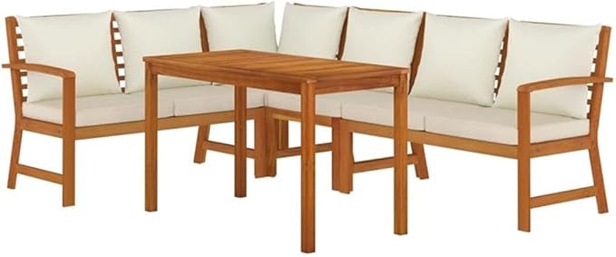 Afuera Living 5-Piece Modular Patio Dining Set, Solid Acacia Wood, Natural/Brown Finish, Weather-Resistant Cushions, Smooth Retro Design, Includes Benches and Sofa, Outdoor Garden or Terrace Seating