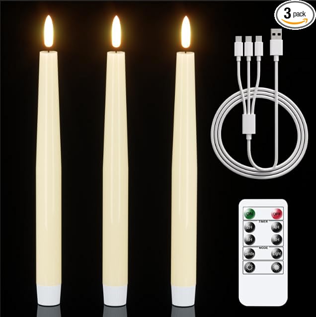 GenSwin Rechargeable Flameless Taper Candles, 3 Pack Ivory LED Taper Candles Battery Operated with Remote Timer, Real Wax Flameless Candlesticks for Christmas Holiday Home Decor
