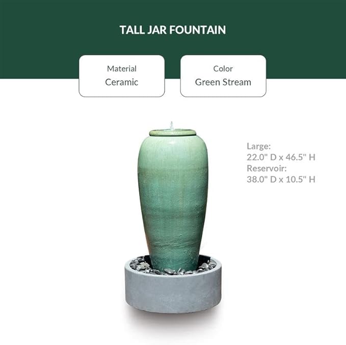 PLANTATOREM Long-Lasting Modern Ceramic Tall Jar Water Fountain with Framed Reservoir - Indoor/Outdoor Fountain for Patio, Deck, or Yard (Green Stream, 22.0" D x 46.5" H)