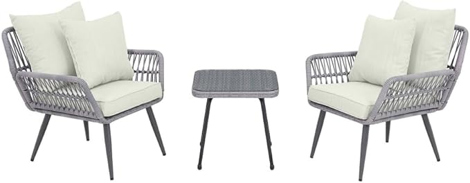 Cannes Rope Wicker Patio Conversation Set with Cushion Cream - 3 Piece