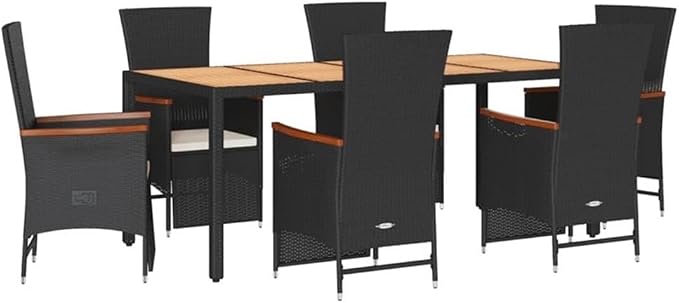 Afuera Living Contemporary 7 Piece Patio Dining Set, Powder-Coated Steel and Acacia Wood, Black Finish, Includes 1 Table and 6 Chairs with Cushions, UV-Resistant, Outdoor Use for Garden or Terrace