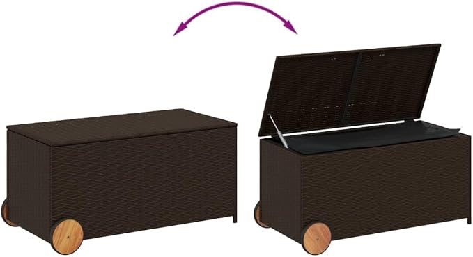 50.2 Gal Outdoor Storage Box with Wheels, Patio Rattan Deck Box, Wicker Garden Storage Bin Deck Box, Poly Rattan Patio Storage Chest with Hinged Lid, 42.1"x21.7"x19.7"/20.9" Brown