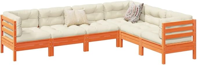 6 Piece Patio Sofa Set with Cushions, Garden Lounge Set Porch Furniture Set Patio Conversation Set Outdoor Dining Sets for Garden Piazza Exhibition Negotiation Area Wax Brown Solid Wood Pine